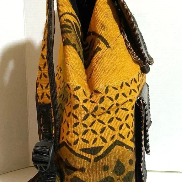 Handmade  Unsex Africa mud cloth cotton canvas leather backpack main image 4
